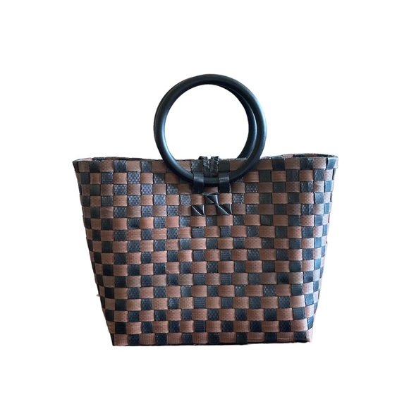 Handmade woven tote bag small brown round handle - Picture 2 of 2